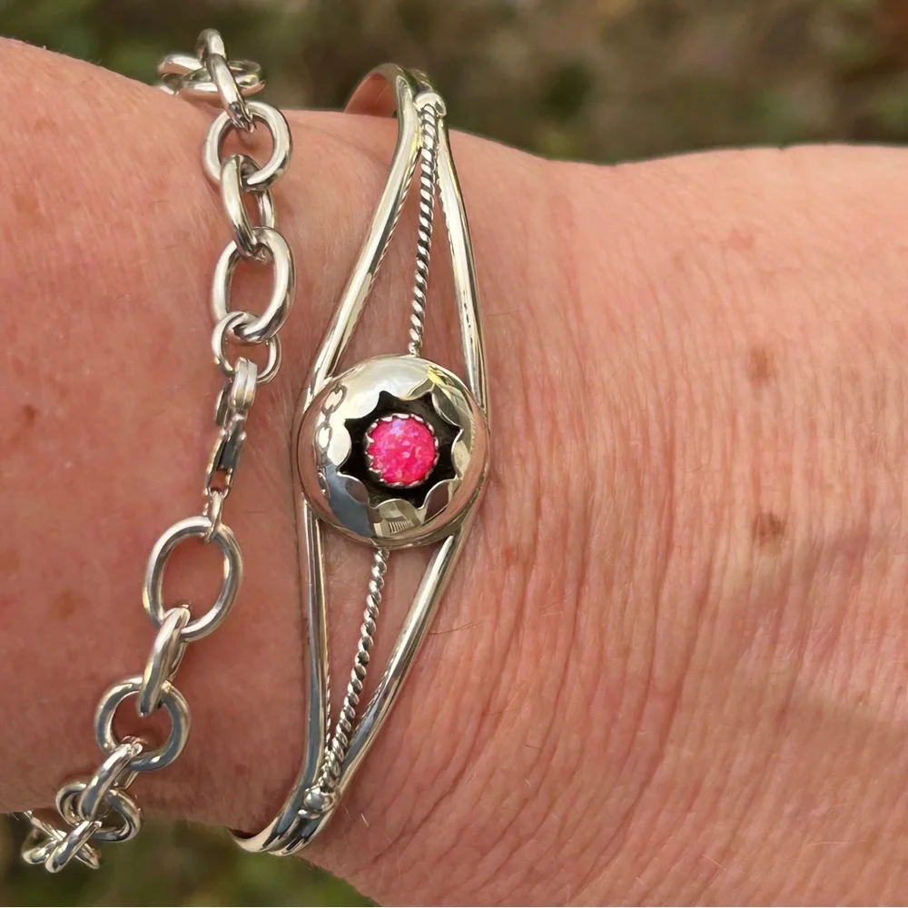 Navajo Hand Made 925 Sterling & Pink Opal Stone Cuff